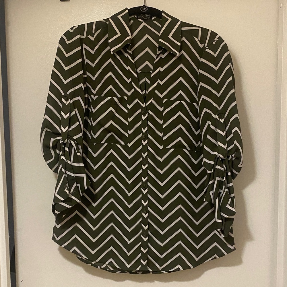 Express Green and White Chevron Button Down Shirt